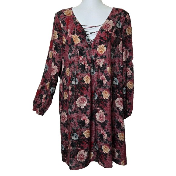 Peruvian Connection Dresses & Skirts - Peruvian Connection Dress Womens Medium Red Floral Lace Up Pockets Tunic
